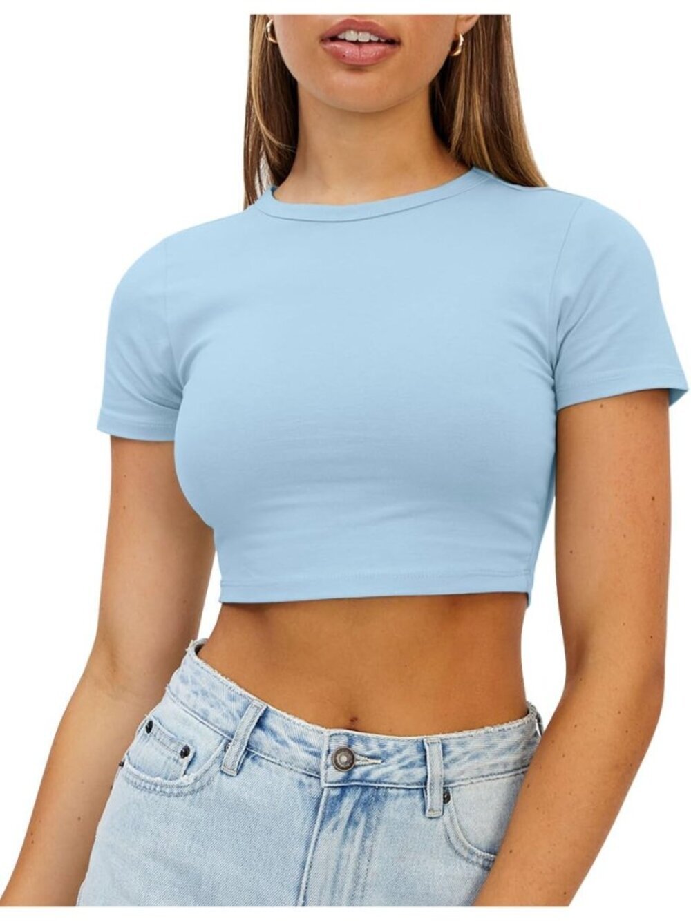 Women's Light Blue Crew Neck Basic Slim Fit Trendy Short Sleeve Crop Tops